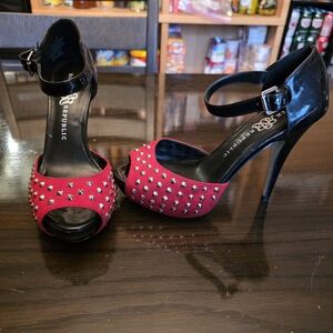 Rock & Republic Red and Black Studded Peep-Toe Ankle-Strap Heels